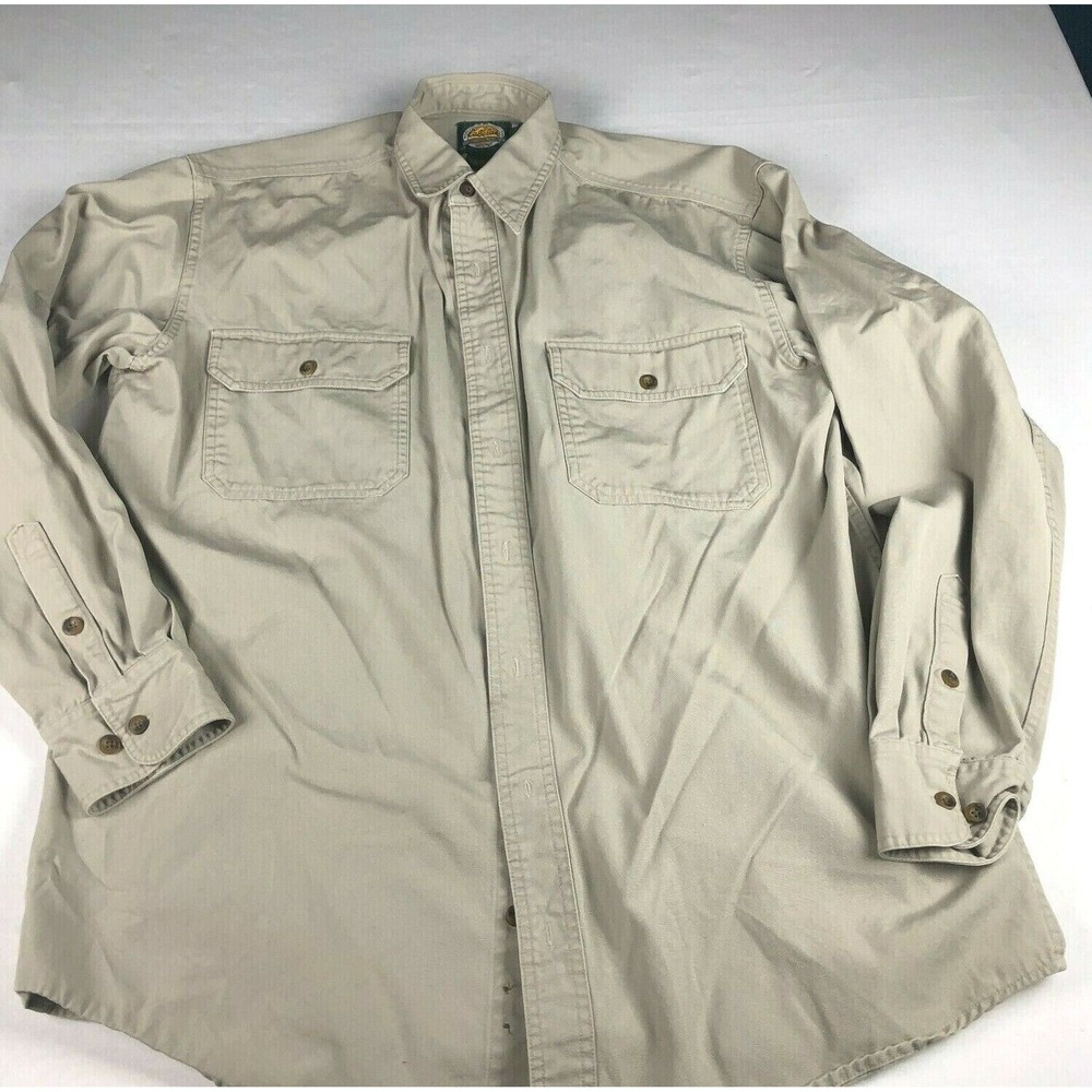 Cabelas Mens L Tall Long-Sleeve Beige Button-Down Outdoor Shirt 100% Cotton
